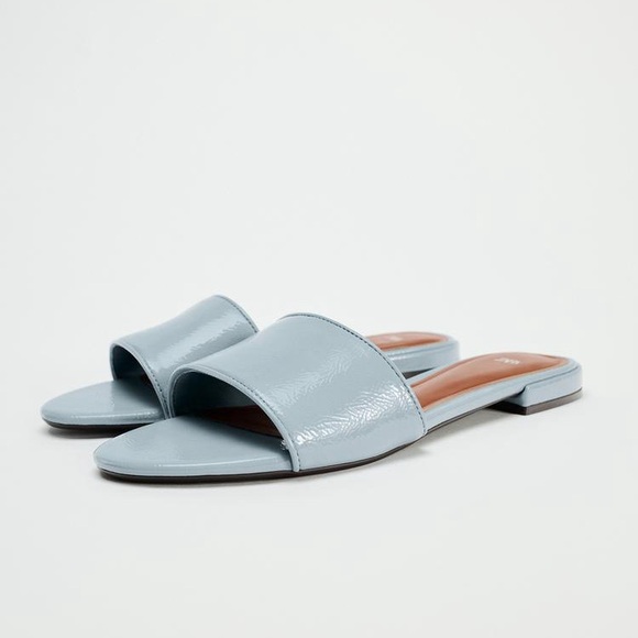 ZARA FAUX PATENT LEATHER FLAT SANDALS - Picture 1 of 10